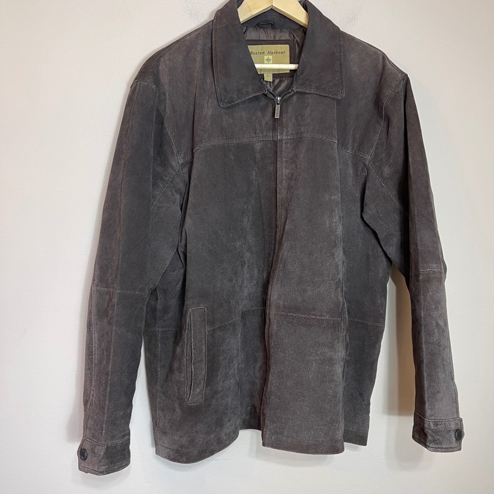 Boston Harbour Mens Brown Genuine Suede Leather Full Zip Jacket Large